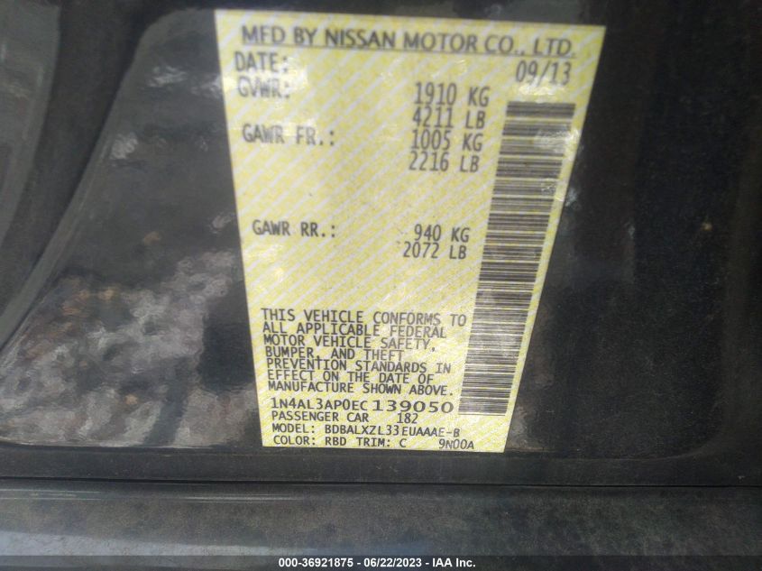 2014 NISSAN ALTIMA 2.5 SL - 1N4AL3AP0EC139050