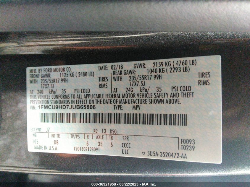 2018 FORD ESCAPE SEL - 1FMCU9HD7JUB65806