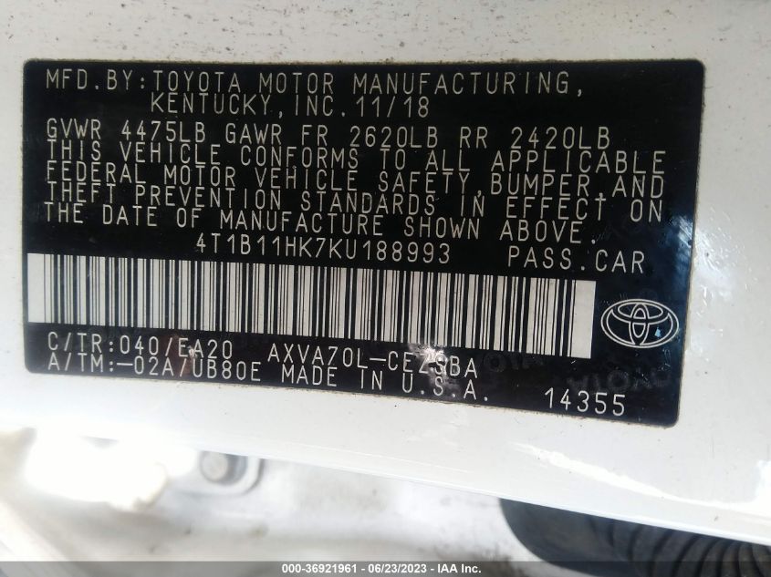 2019 TOYOTA CAMRY LE/SE/XLE/L - 4T1B11HK7KU188993