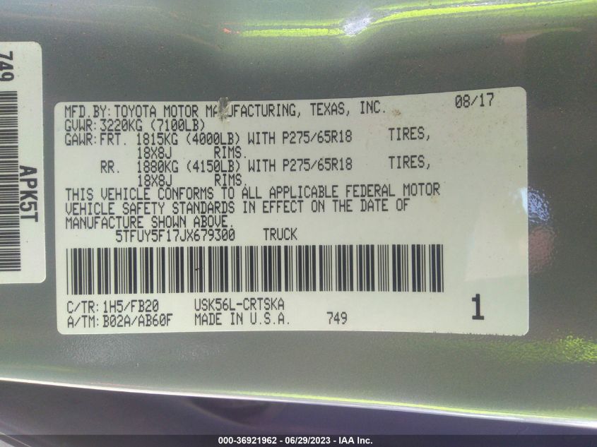 2018 TOYOTA TUNDRA 4WD SR/SR5/LIMITED - 5TFUY5F17JX679300