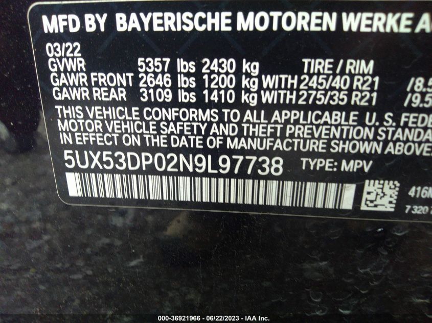 2022 BMW X3 XDRIVE30I - 5UX53DP02N9L97738