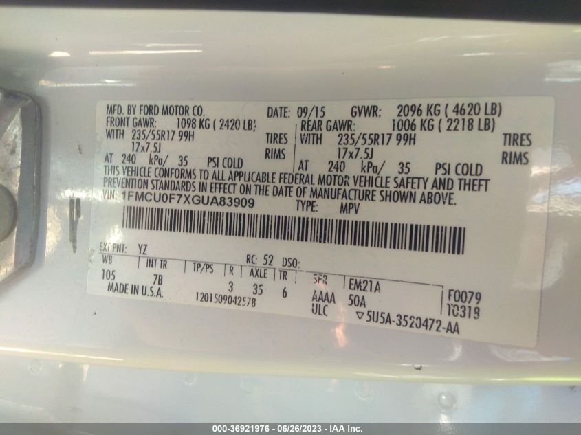 2016 FORD ESCAPE S - 1FMCU0F7XGUA83909