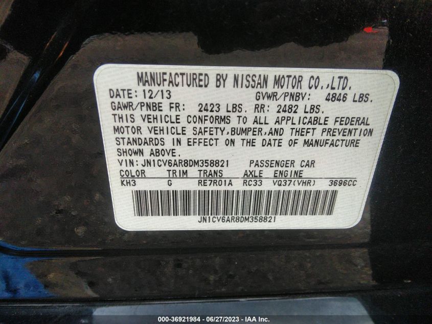 2013 INFINITI G37 SEDAN X JN1CV6AR8DM358821