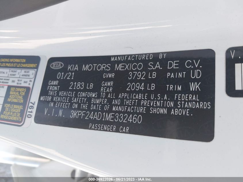 2021 KIA FORTE LXS - 3KPF24AD1ME332460