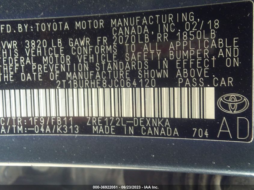 2018 TOYOTA COROLLA L/LE/XLE/SE/XSE - 2T1BURHE8JC064120