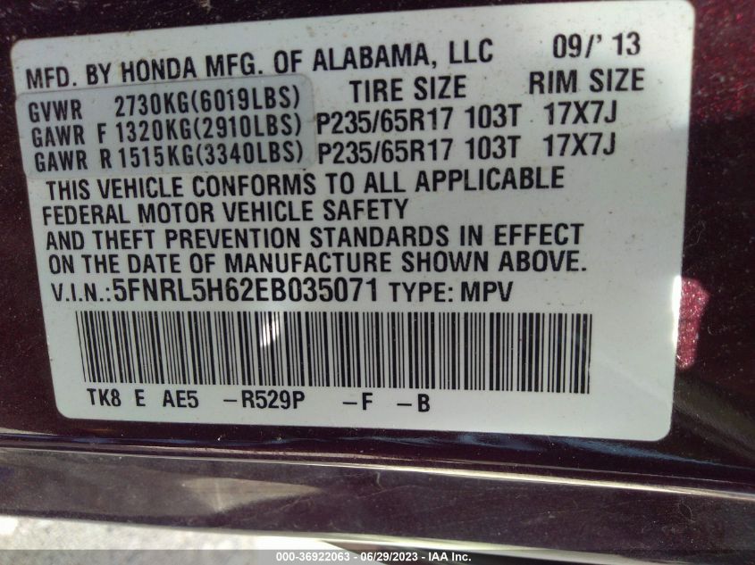 2014 HONDA ODYSSEY EX-L - 5FNRL5H62EB035071