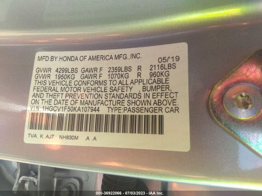 2019 HONDA ACCORD SEDAN EX-L 1.5T - 1HGCV1F50KA107944