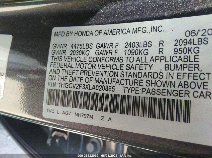 2020 HONDA ACCORD SEDAN SPORT - 1HGCV2F3XLA020865