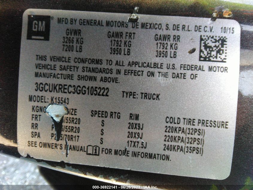 2016 CHEVROLET SILVERADO 1500 LT - 3GCUKREC3GG105222