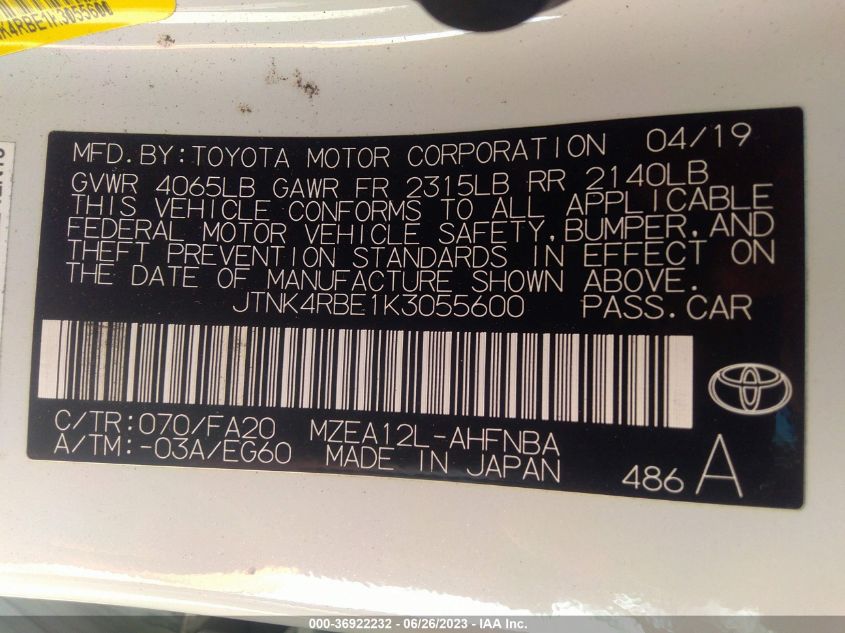 2019 TOYOTA COROLLA HATCHBACK SE/XSE JTNK4RBE1K3055600