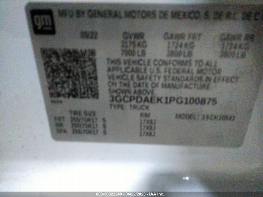 VIN 3GCPDAEK1PG100875 2023 CHEVROLET SILVERADO 1500 WORK TRUCK