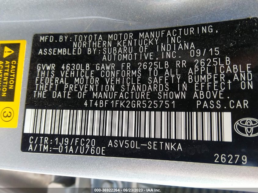 2016 TOYOTA CAMRY XLE/SE/LE/XSE - 4T4BF1FK2GR525751