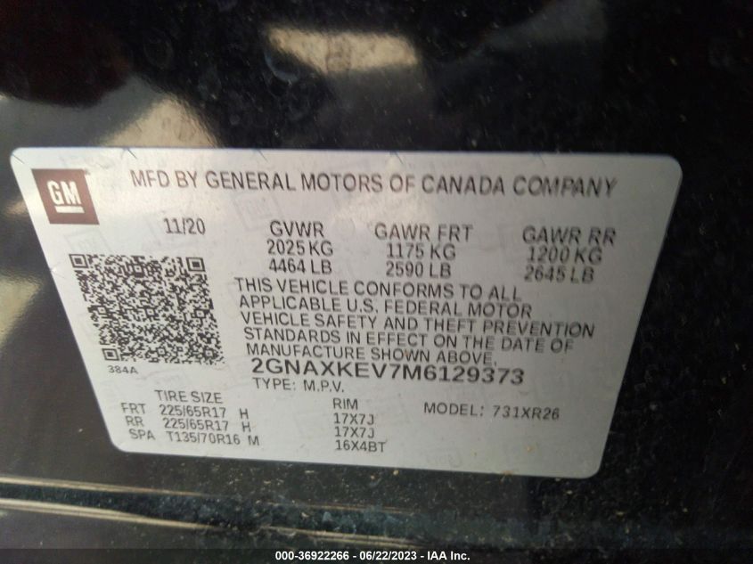 2021 CHEVROLET EQUINOX LT - 2GNAXKEV7M6129373