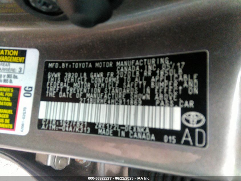 2017 TOYOTA COROLLA L/LE/XLE/SE - 2T1BURHE4HC911869