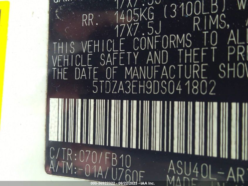 2013 TOYOTA HIGHLANDER - 5TDZA3EH9DS041802
