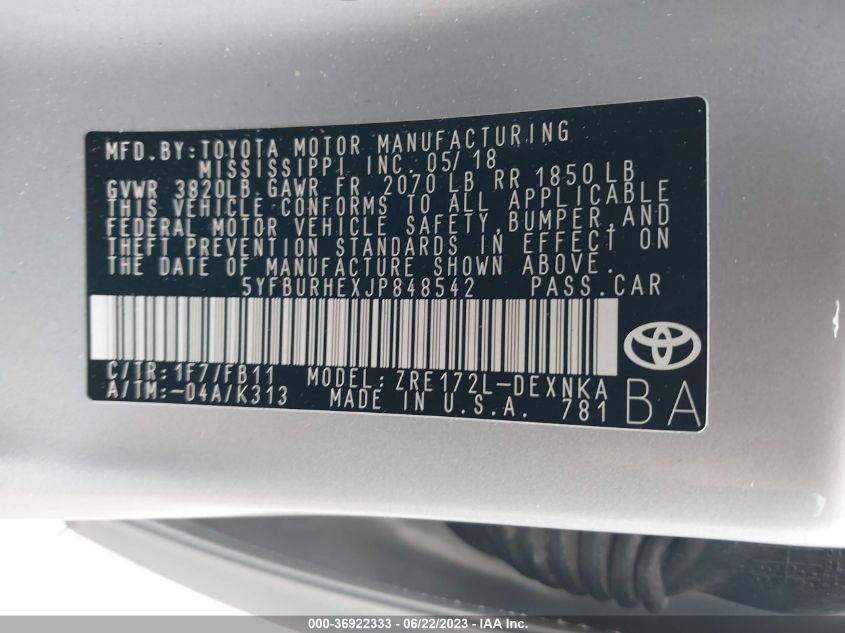 2018 TOYOTA COROLLA L/LE/XLE/SE/XSE - 5YFBURHEXJP848542