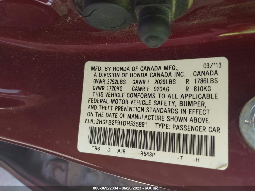 2013 HONDA CIVIC SDN EX-L - 2HGFB2F91DH535881