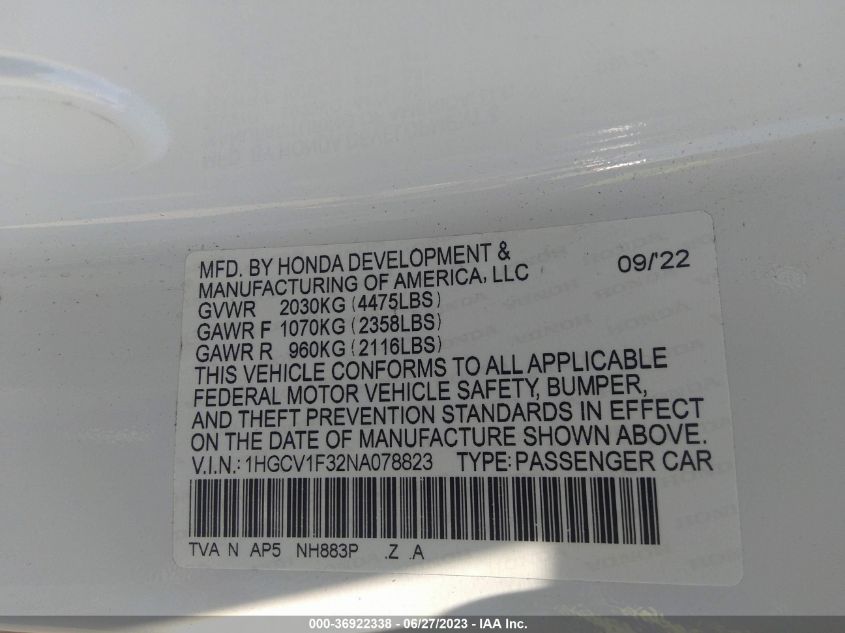 2022 HONDA ACCORD SEDAN SPORT - 1HGCV1F32NA078823