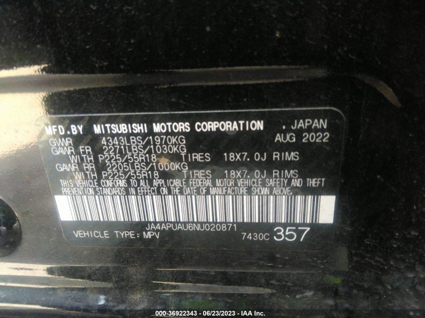 2022 MITSUBISHI OUTLANDER SPORT ES/LE/S/BE - JA4APUAU6NU020871