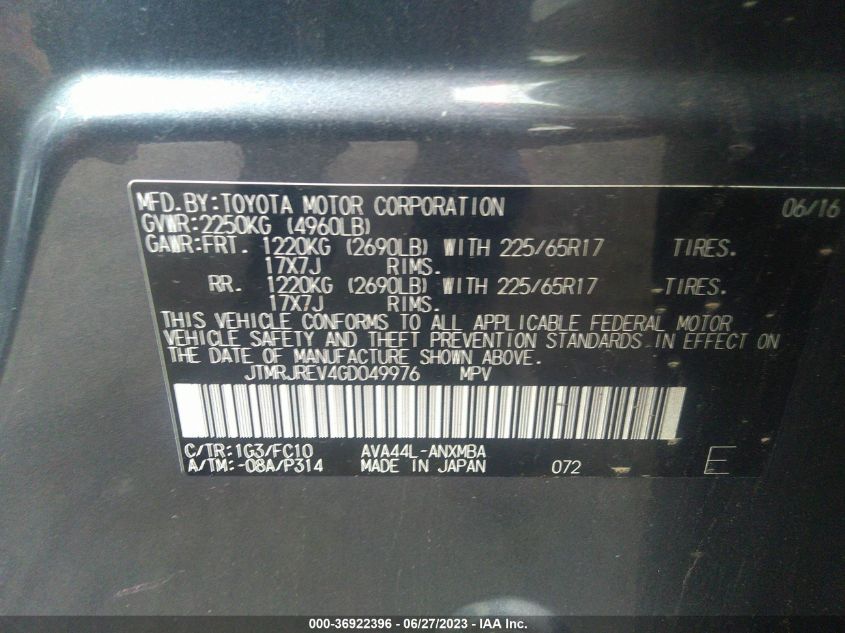 2016 TOYOTA RAV4 HYBRID XLE JTMRJREV4GD049976