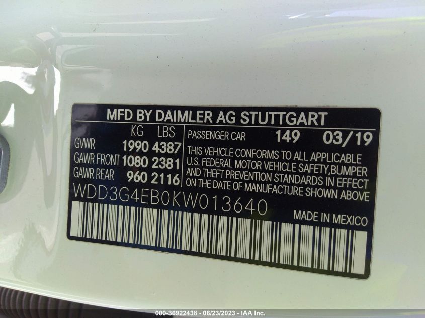 2019 MERCEDES-BENZ A-CLASS A 220 - WDD3G4EB0KW013640