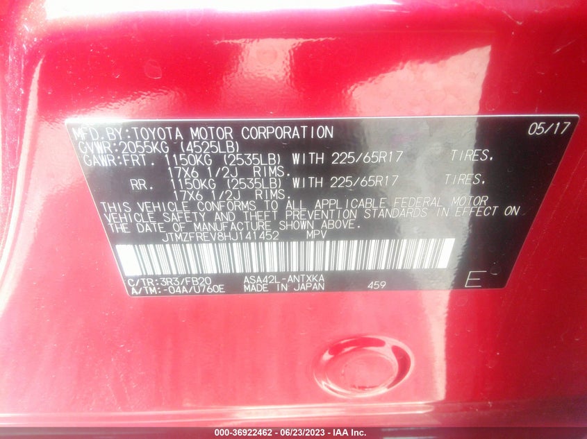 VIN JTMZFREV8HJ141452 2017 TOYOTA RAV4 LE