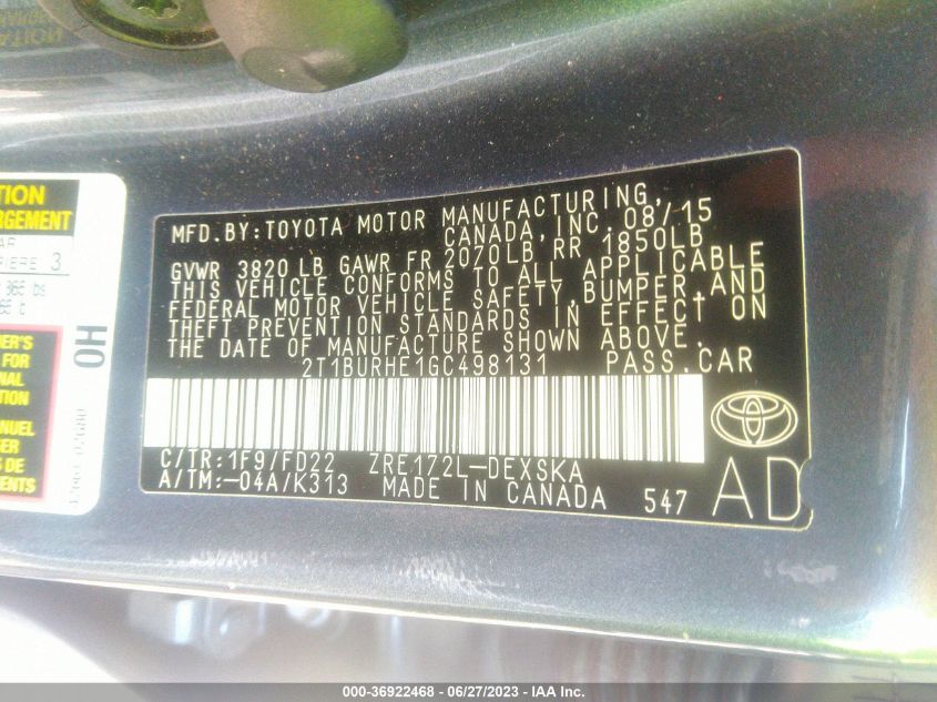 2016 TOYOTA COROLLA L/LE/S/S PLUS/LE PLUS - 2T1BURHE1GC498131