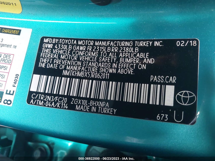 VIN NMTKHMBX5JR062011 2018 TOYOTA C-HR XLE