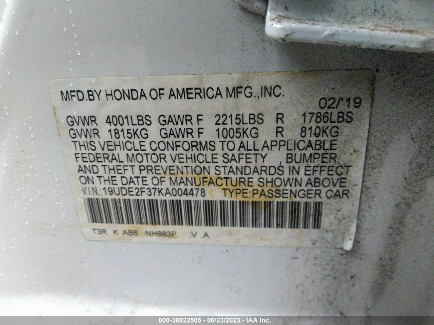 2019 ACURA ILX - 19UDE2F37KA004478