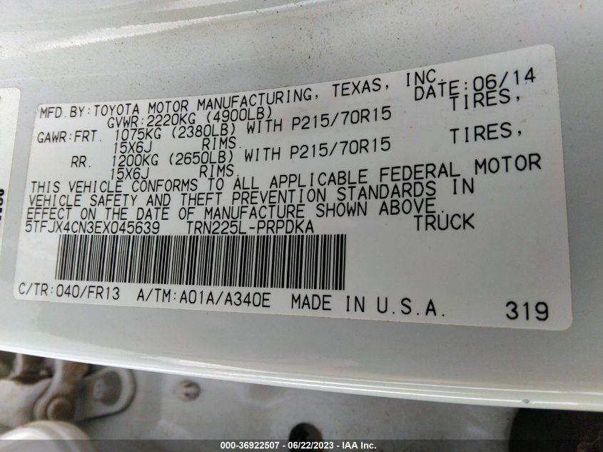 2014 TOYOTA TACOMA - 5TFJX4CN3EX045639
