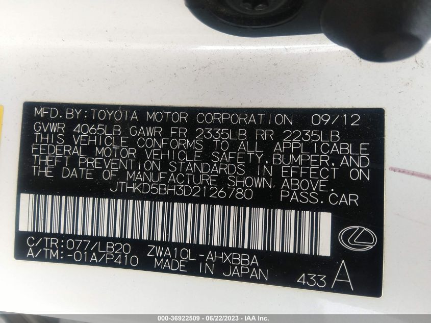 2013 LEXUS CT 200H HYBRID - JTHKD5BH3D2126780