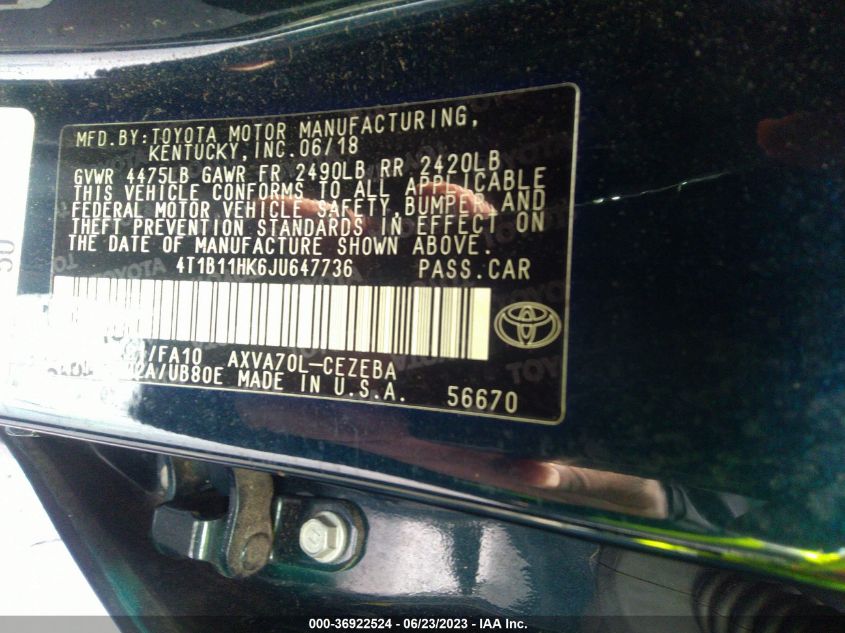 2018 TOYOTA CAMRY L/LE/XLE/SE/XSE - 4T1B11HK6JU647736
