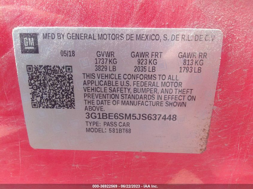 2018 CHEVROLET CRUZE LT - 3G1BE6SM5JS637448
