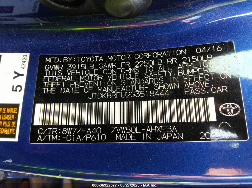 2016 TOYOTA PRIUS TWO - JTDKBRFU2G3518444
