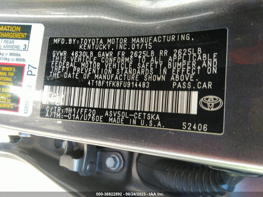 2015 TOYOTA CAMRY XLE/SE/LE/XSE - 4T1BF1FK8FU914483