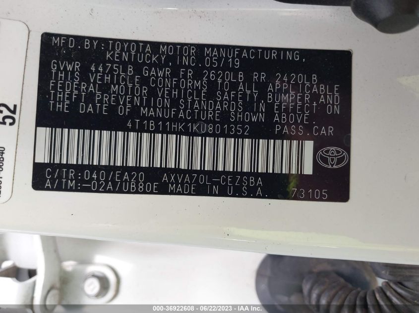 2019 TOYOTA CAMRY LE/SE/XLE/L - 4T1B11HK1KU801352