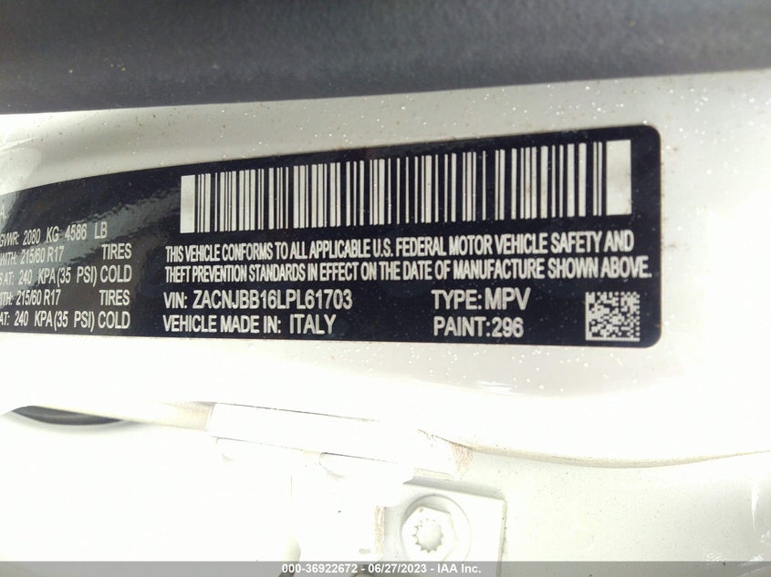 VIN ZACNJBB16LPL61703 2020 JEEP RENEGADE ALTITUDE