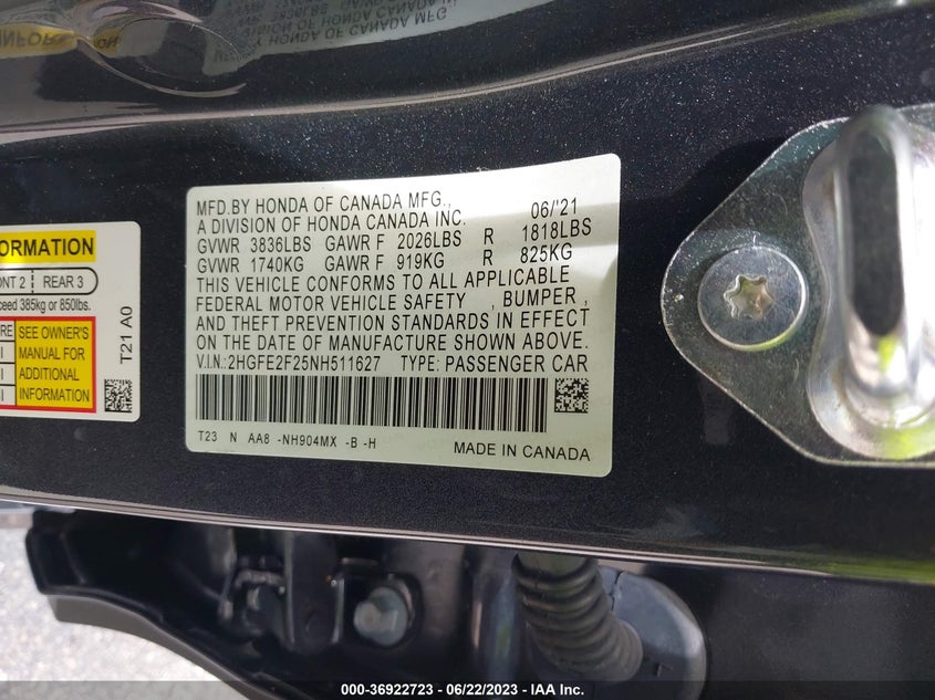VIN 2HGFE2F25NH511627 2022 HONDA CIVIC SEDAN LX