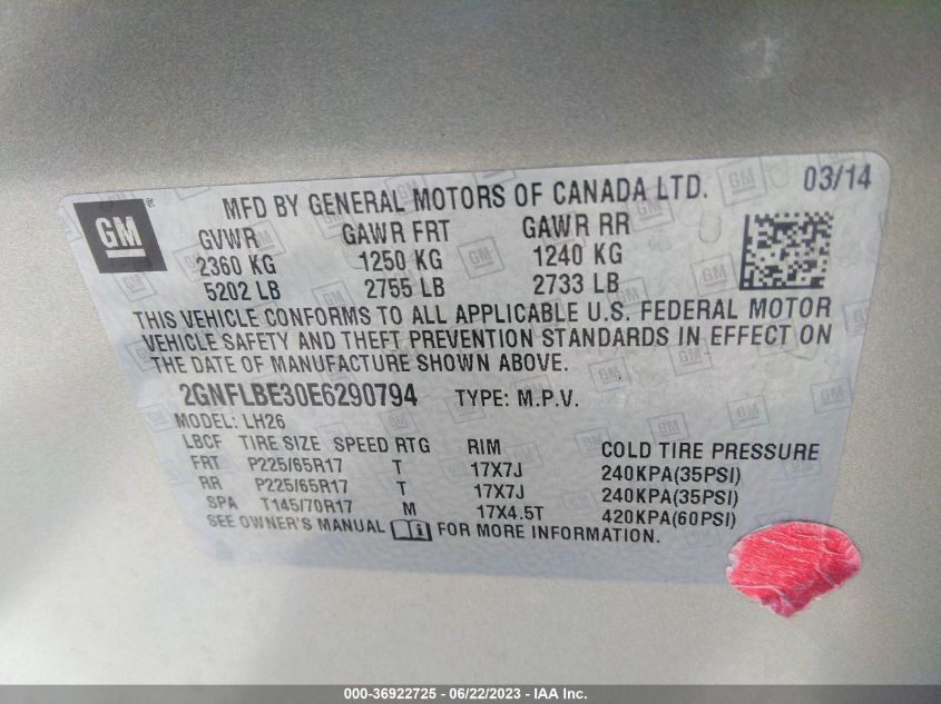 2014 CHEVROLET EQUINOX LT - 2GNFLBE30E6290794