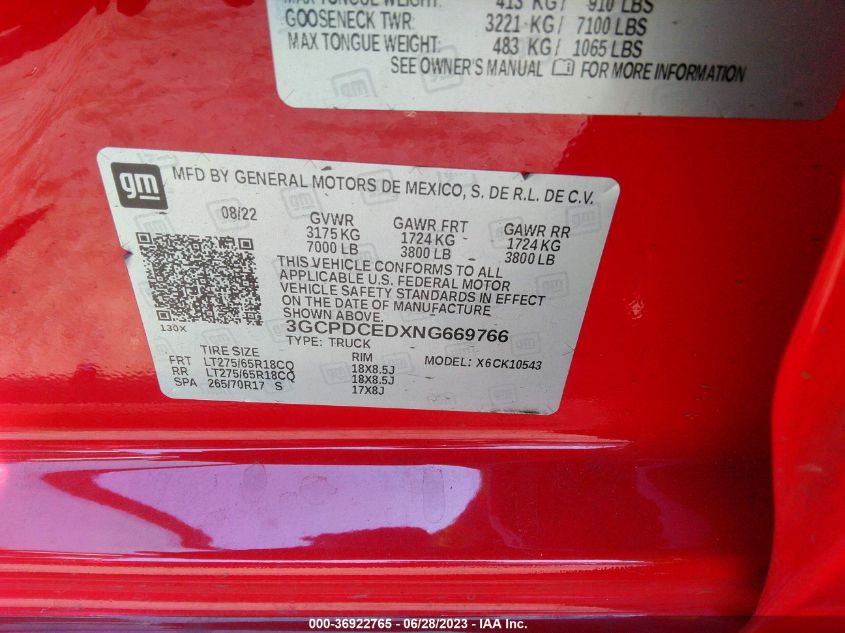 2022 CHEVROLET SILVERADO 1500 CUSTOM TRAIL BOSS - 3GCPDCEDXNG669766