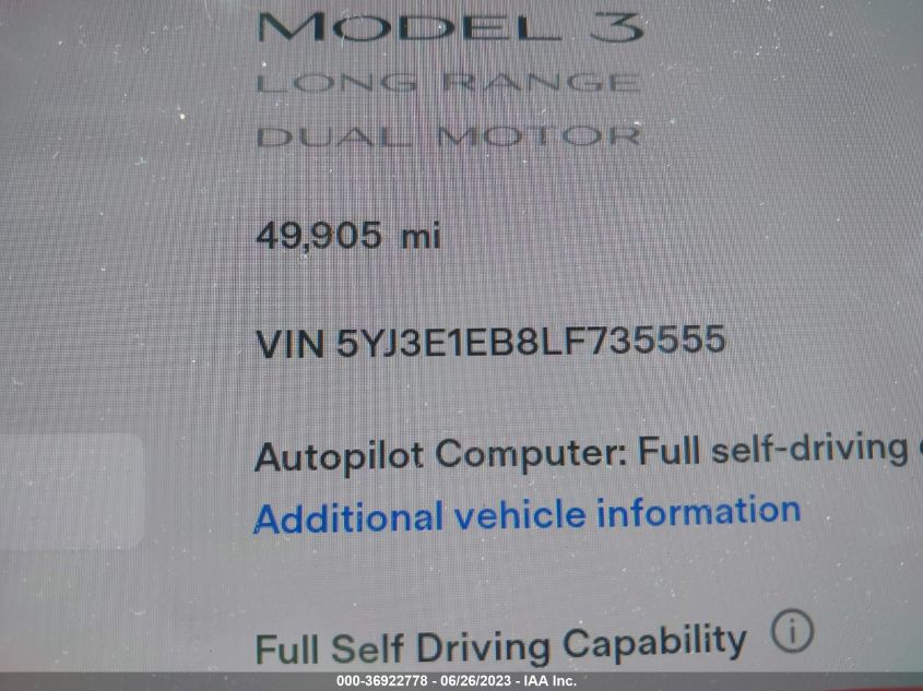 2020 TESLA MODEL 3 - 5YJ3E1EB8LF735555