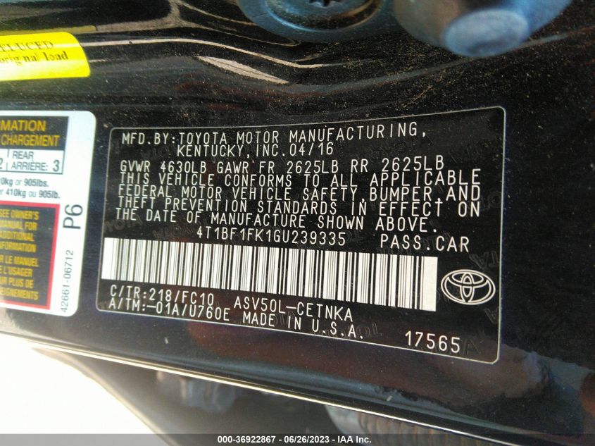 2016 TOYOTA CAMRY XLE/SE/LE/XSE - 4T1BF1FK1GU239335
