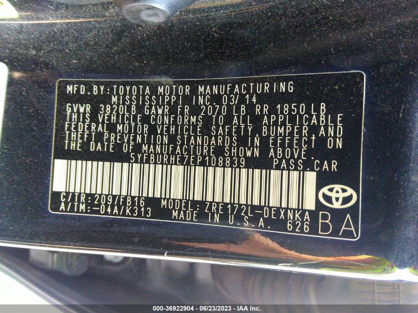 2014 TOYOTA COROLLA L/LE/S/S PLUS/LE PLUS - 5YFBURHE7EP108839