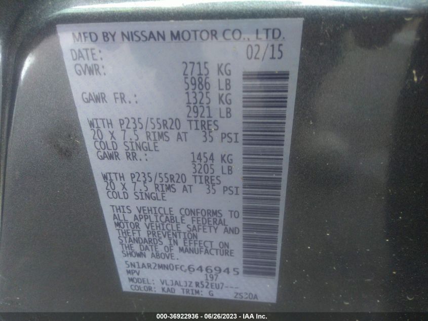 2015 NISSAN PATHFINDER PLATINUM - 5N1AR2MN0FC646945