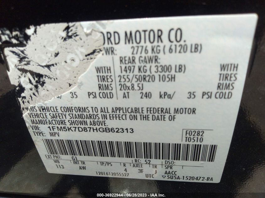 2017 FORD EXPLORER XLT - 1FM5K7D87HGB62313