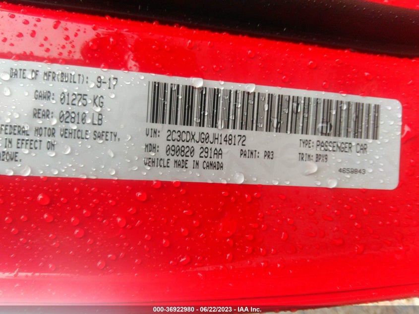 VIN 2C3CDXJG0JH148172 2018 DODGE CHARGER GT
