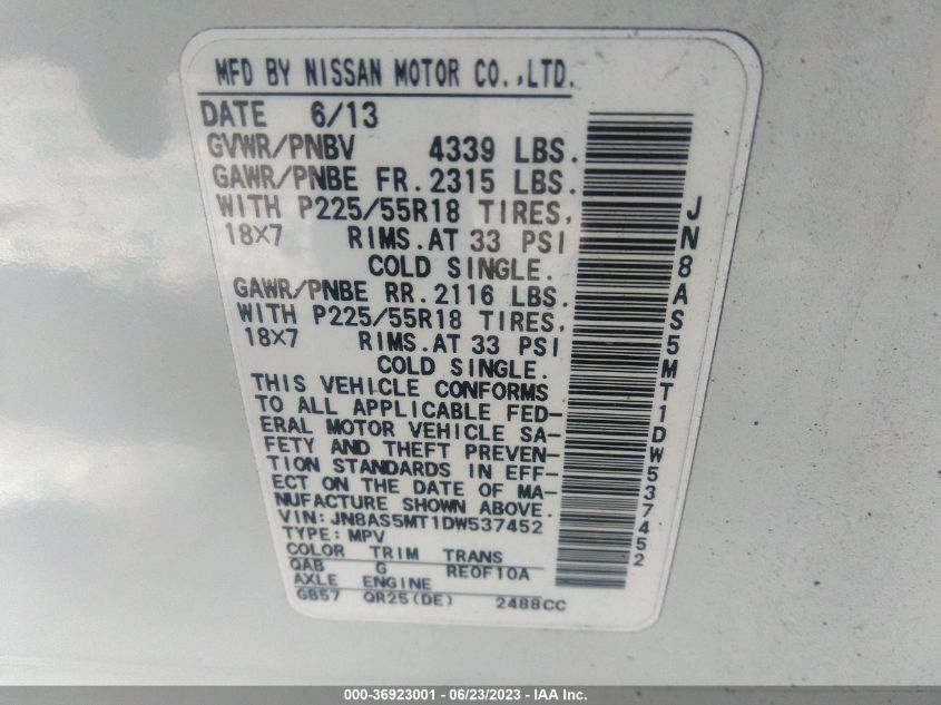 2013 NISSAN ROGUE SL - JN8AS5MT1DW537452