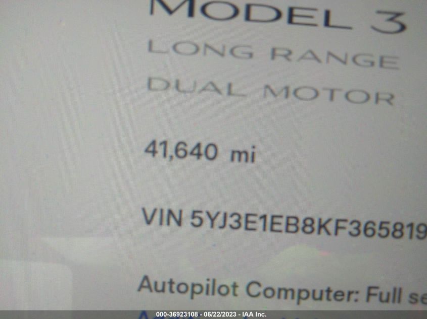 2019 TESLA MODEL 3 LONG RANGE/PERFORMANCE - 5YJ3E1EB8KF365819