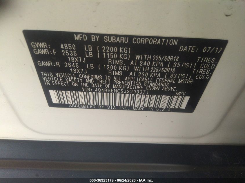 2018 SUBARU OUTBACK LIMITED - 4S4BSENC5J3200371