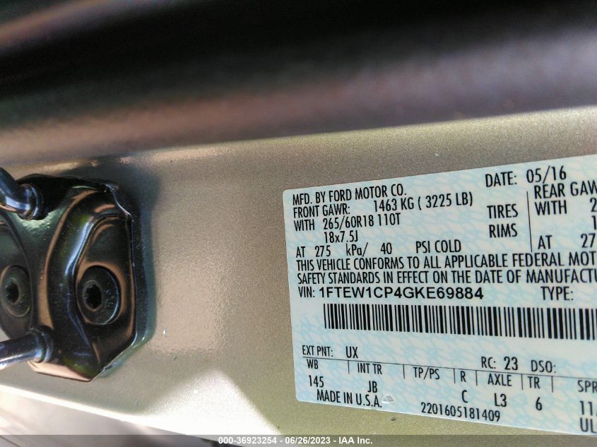 2016 FORD F-150 XL/LARIAT/XLT - 1FTEW1CP4GKE69884